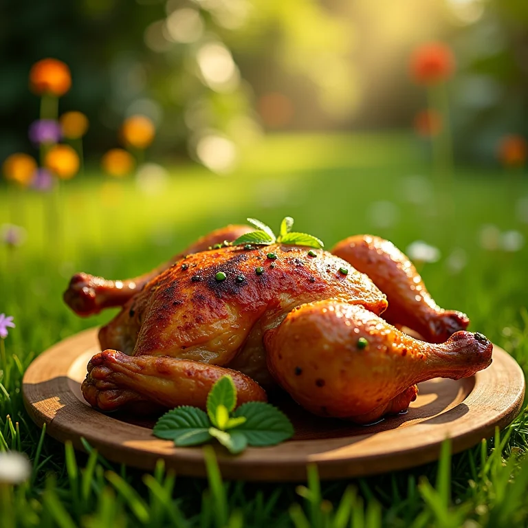 Galinha 'Sedosa do Japão' em jardim florido