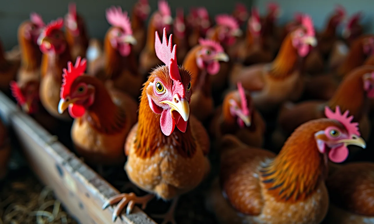 Galinhas estressadas em um galinheiro superlotado.
