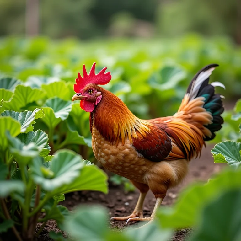 Galinhas ornamentais comendo pragas em uma horta.