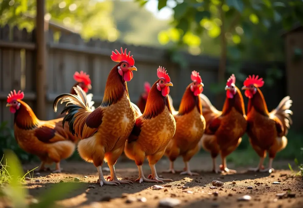 Galinhas ornamentais de diversas raças em um quintal ensolarado.