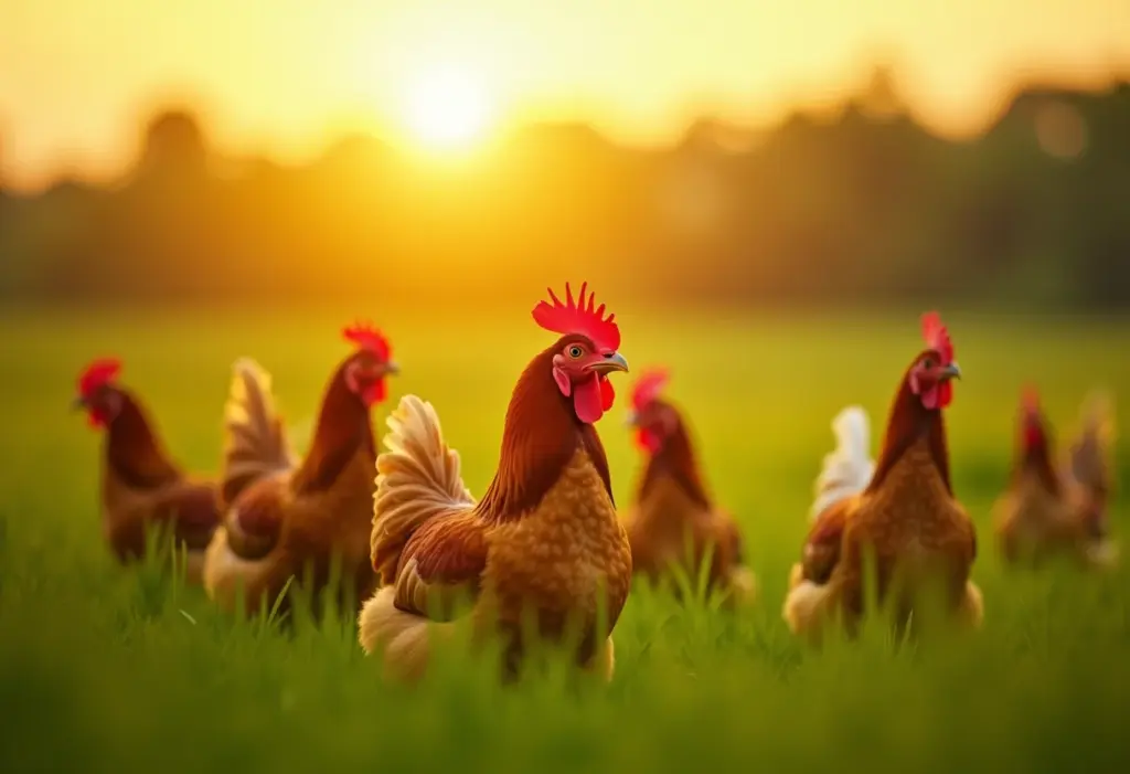 Galinhas ornamentais diversas em pasto verde ao entardecer.