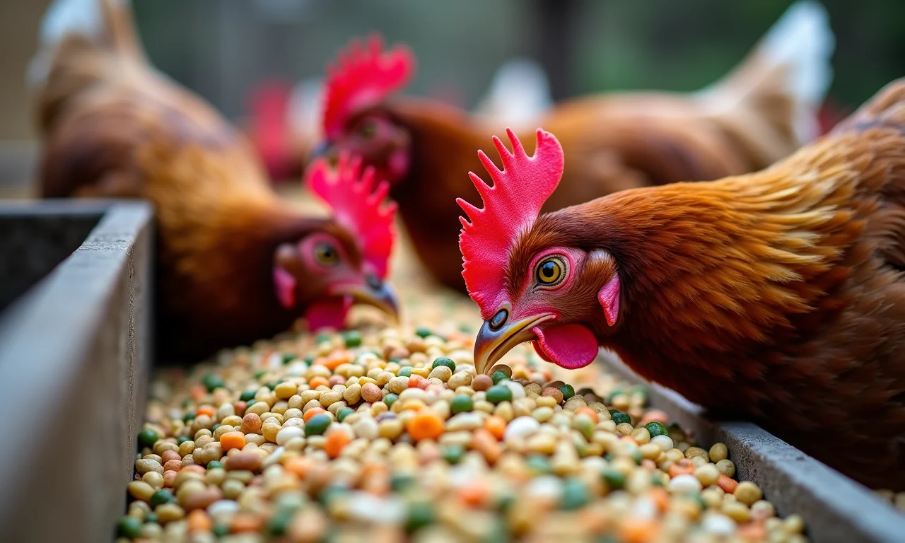 Galinhas se alimentando com ração balanceada em comedouro rústico.