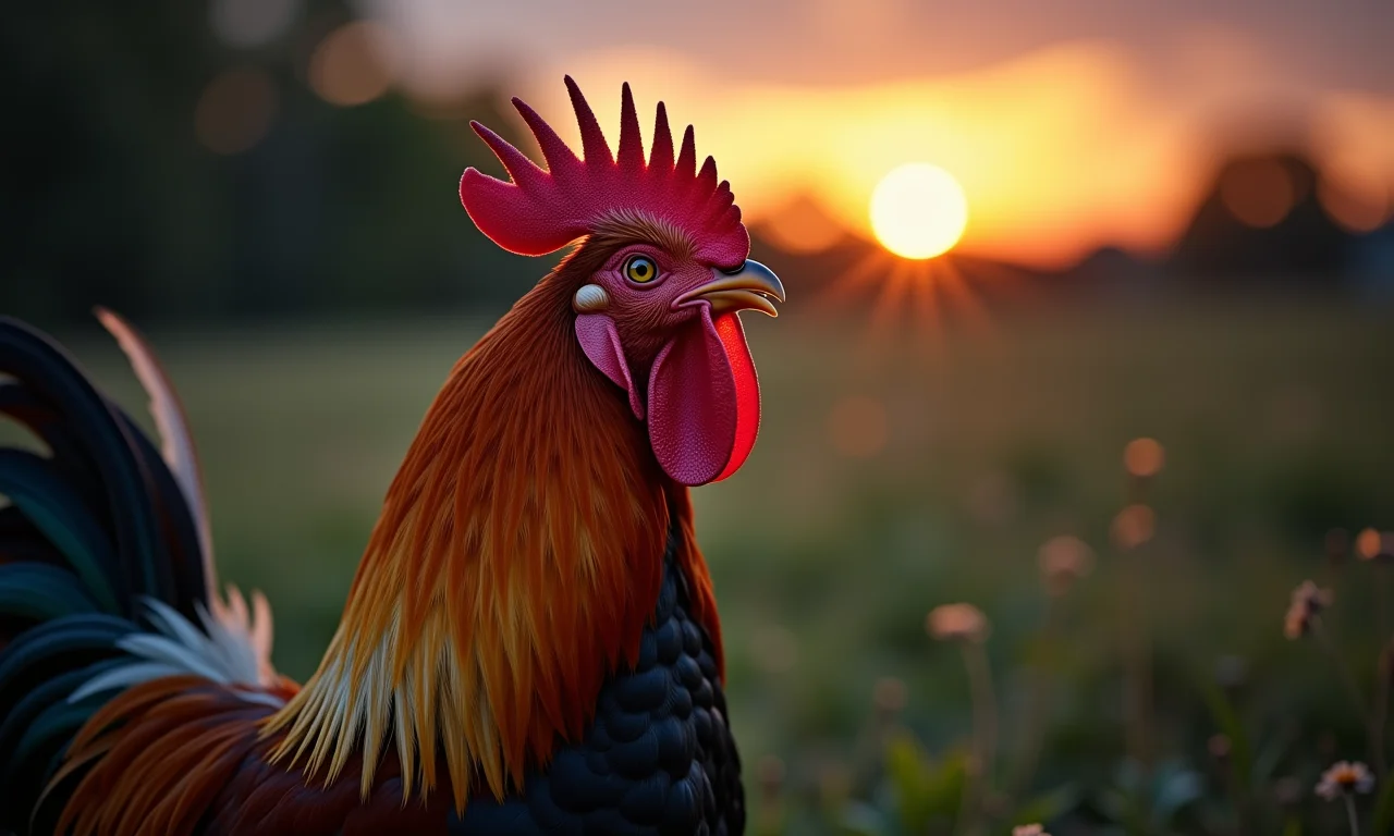 Galo cantando antes do amanhecer, céu escuro com raios de sol.
