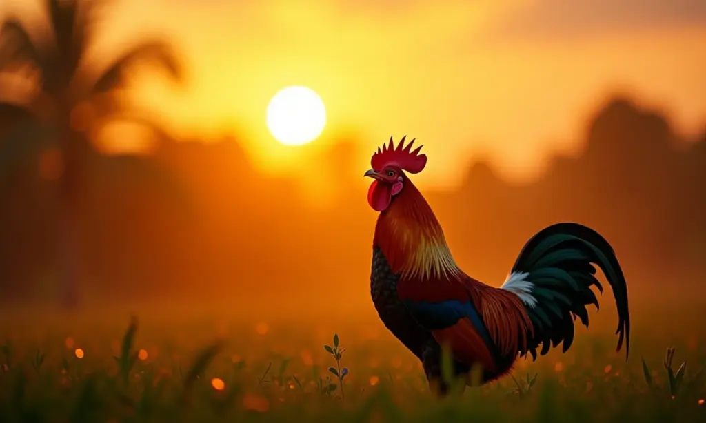 Galo cantando ao amanhecer no campo brasileiro.
