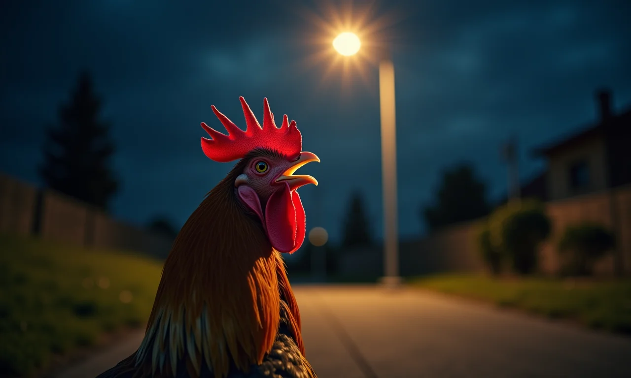 Galo cantando perto de um poste de luz à noite.