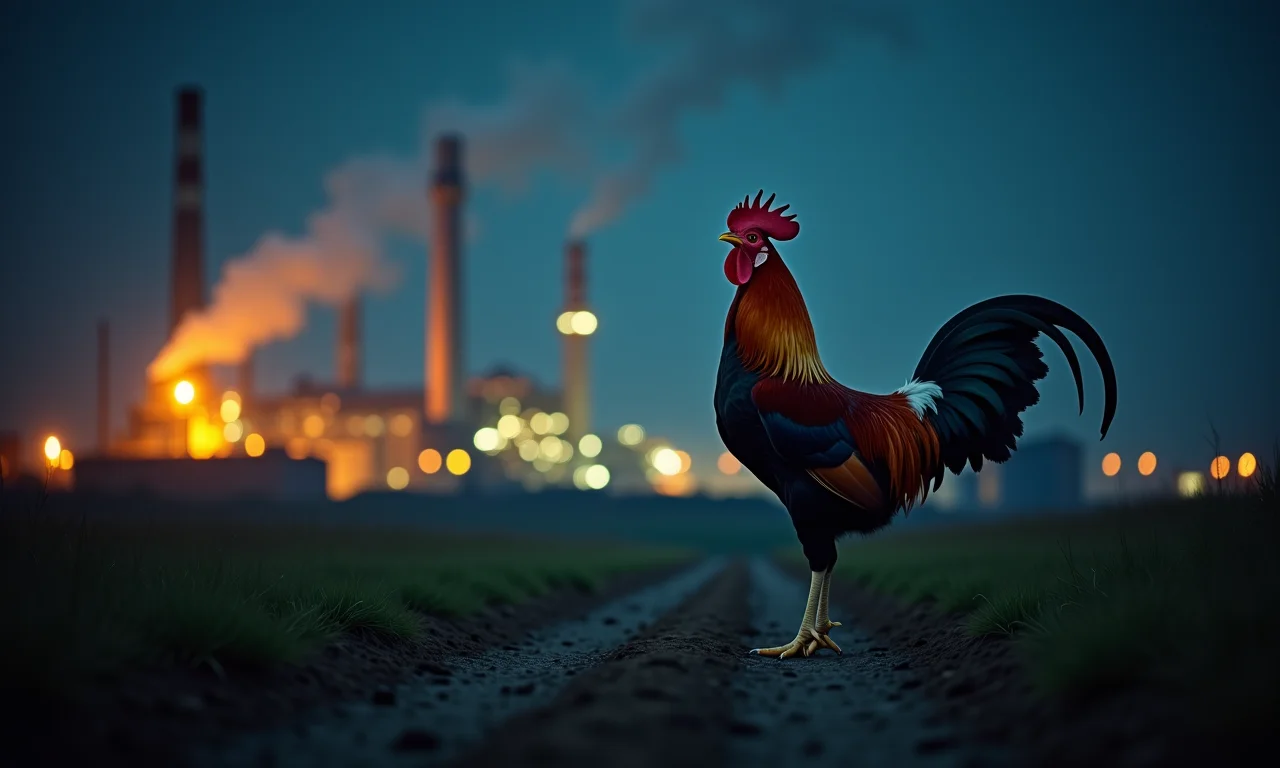 Galo cantando perto de uma fábrica iluminada à noite, confuso.