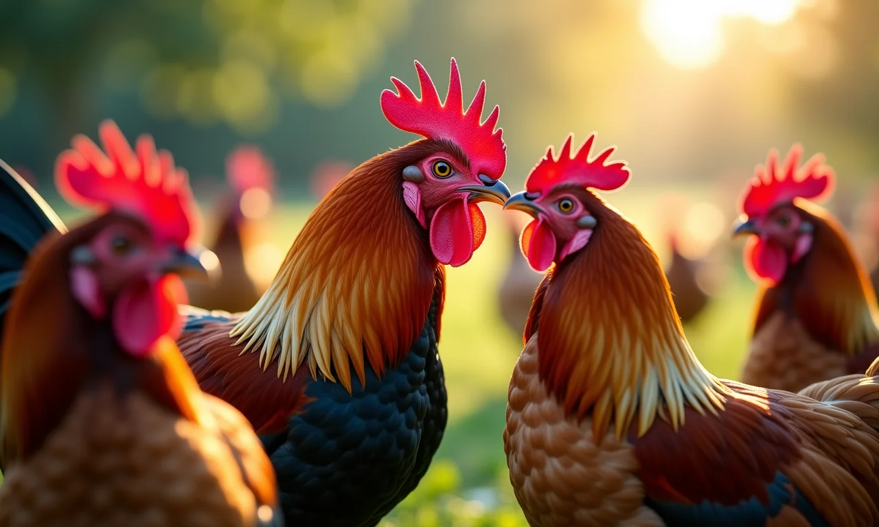 Galo cercado por galinhas, em comportamento de cortejo.