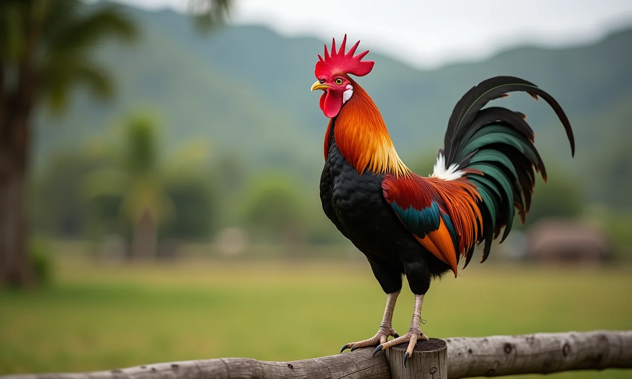 Galo confiante em cima de uma cerca, vigiando seu território.