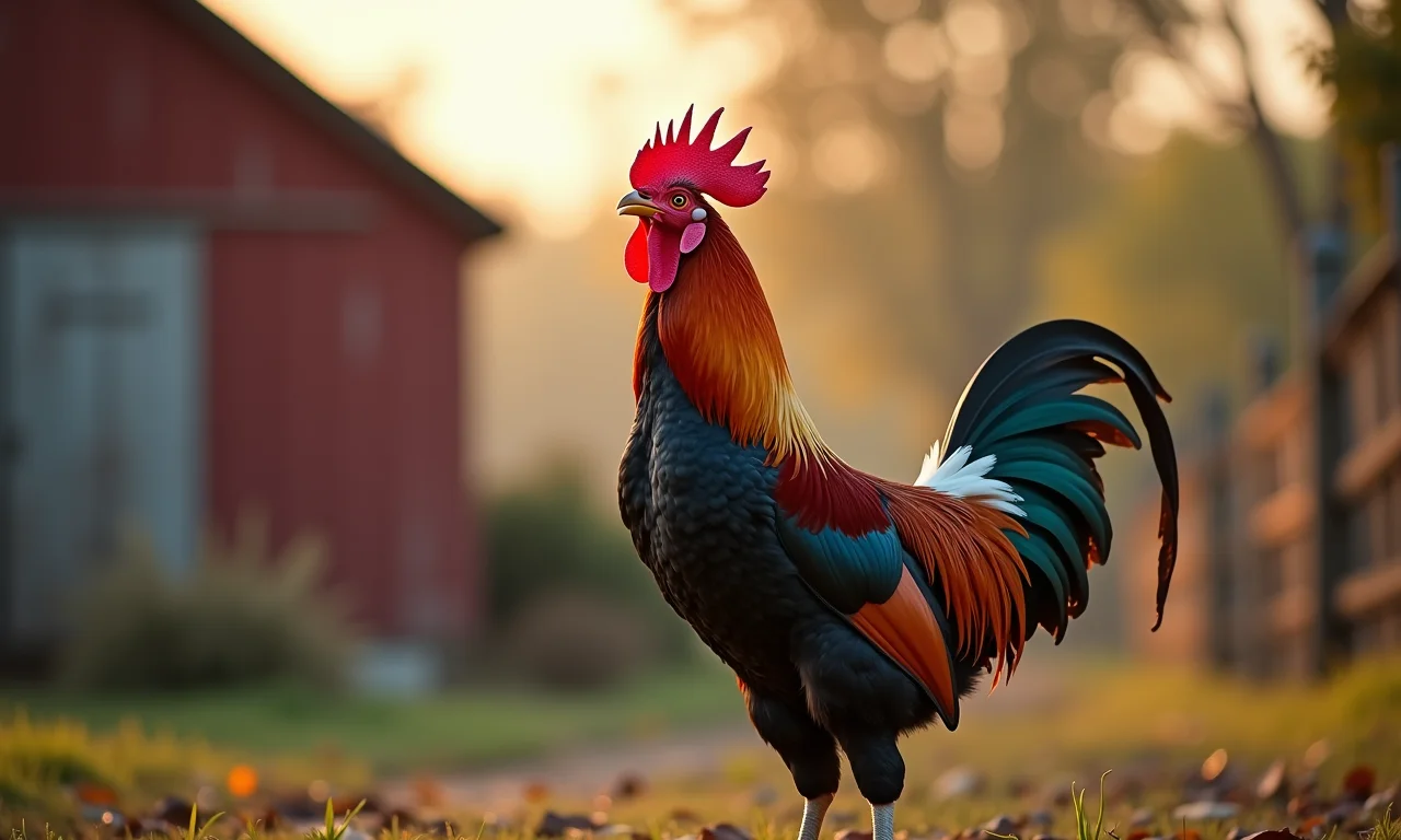 Galo em pé, com o pescoço esticado, cantando alto.