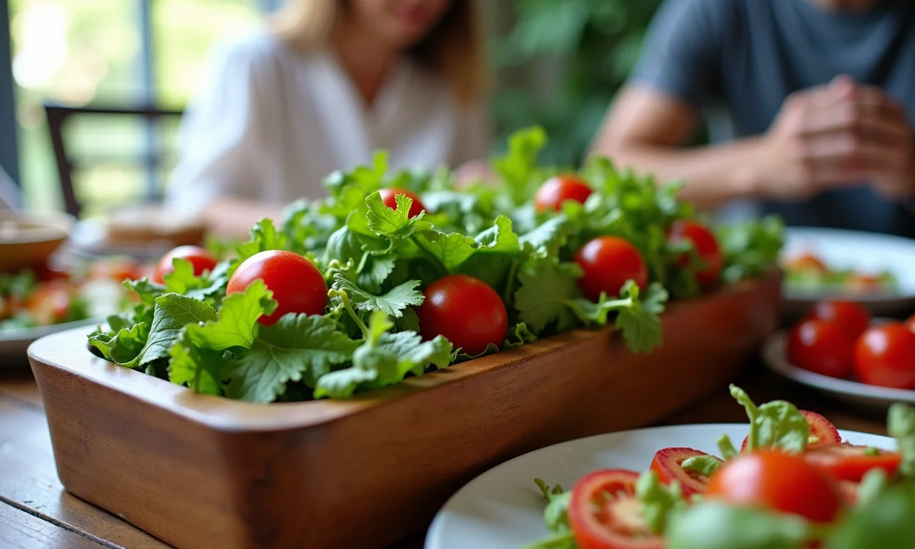 Gamela de madeira cheia de salada fresca em mesa de jantar.