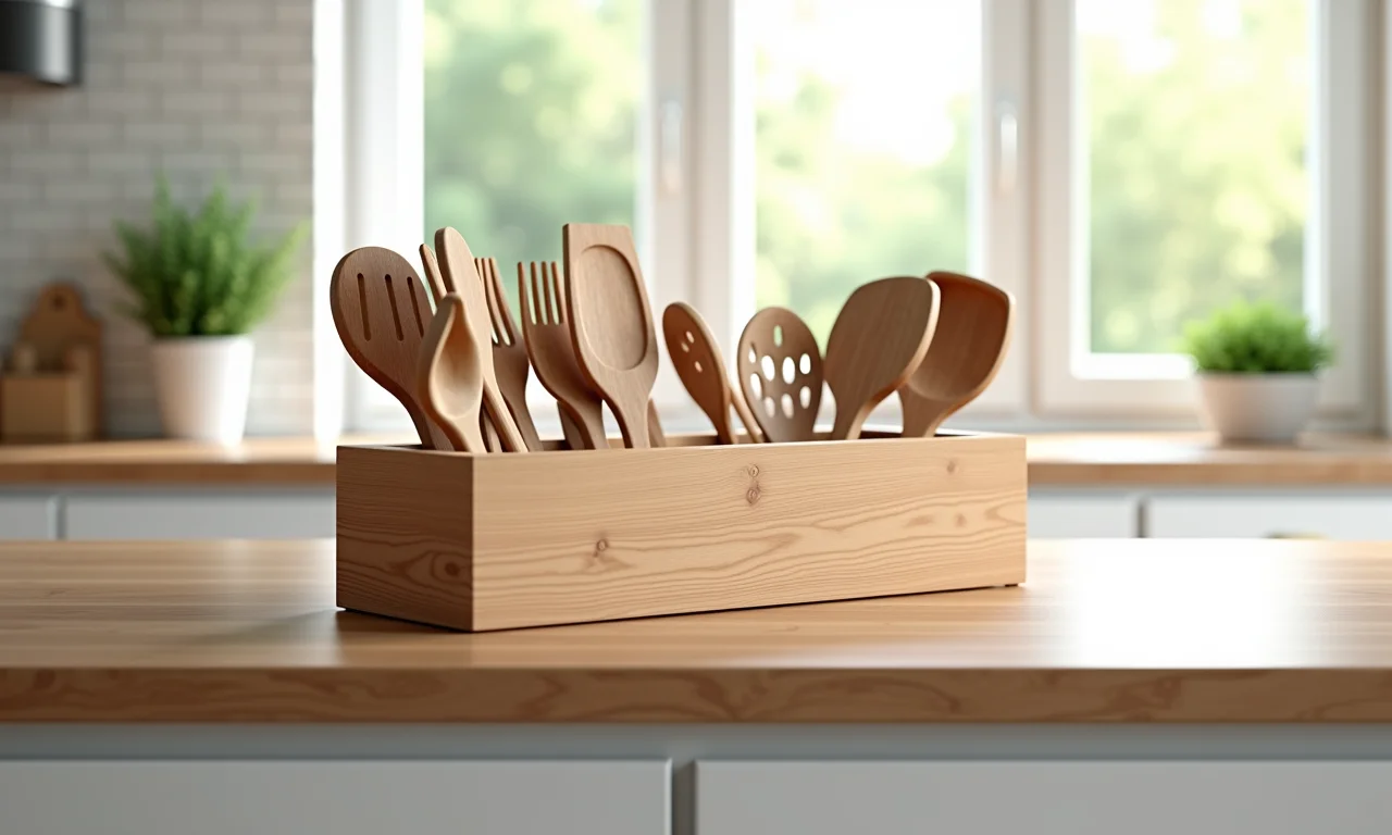 Gamela de madeira organizando utensílios de cozinha na bancada.