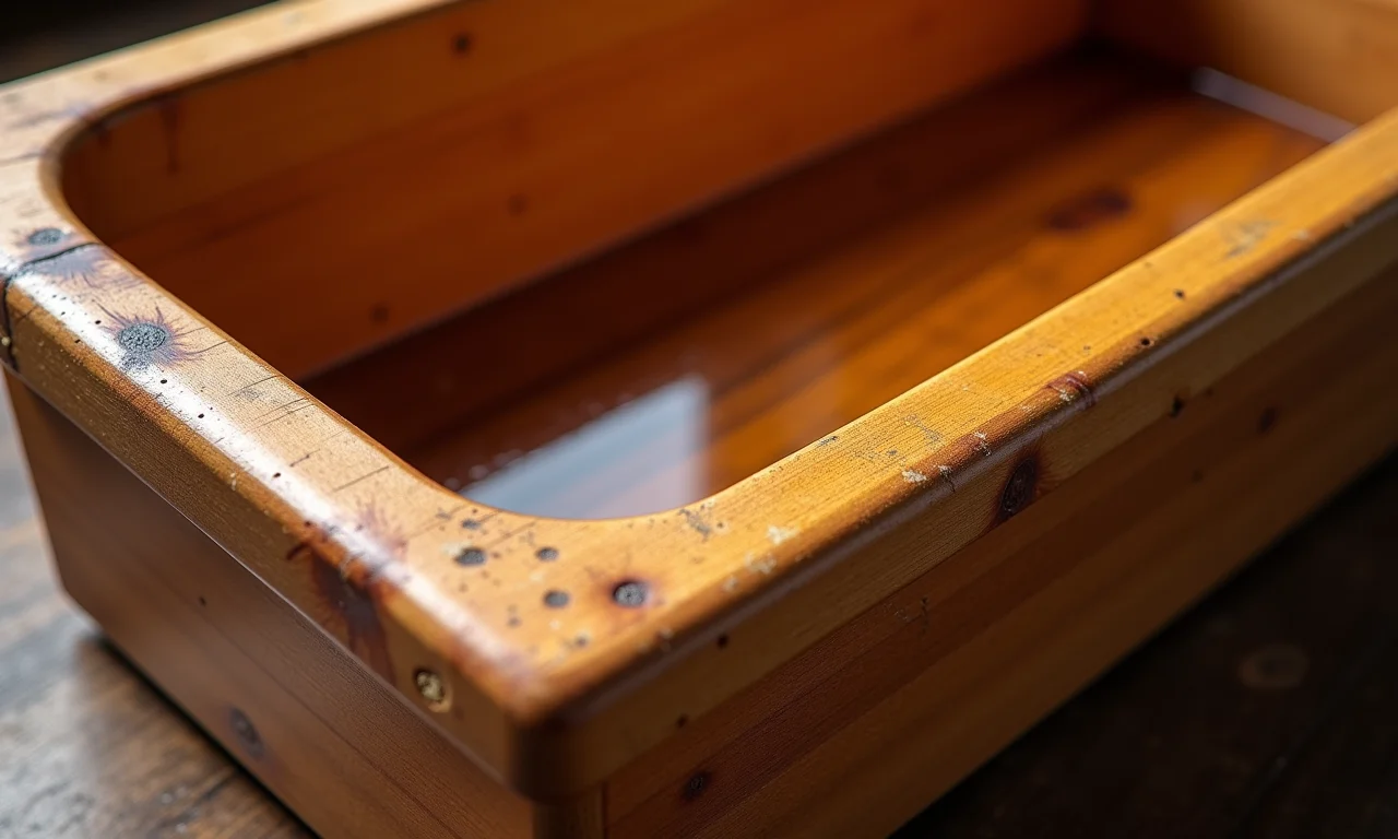 Gamela de madeira sendo tratada com óleo natural para conservação.