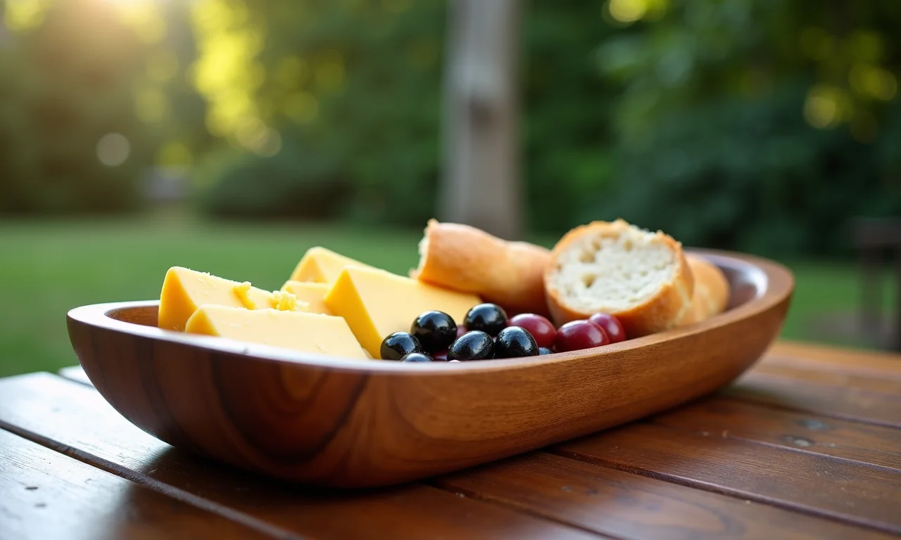 Gamela de madeira servindo queijos, pães e azeitonas em uma mesa.