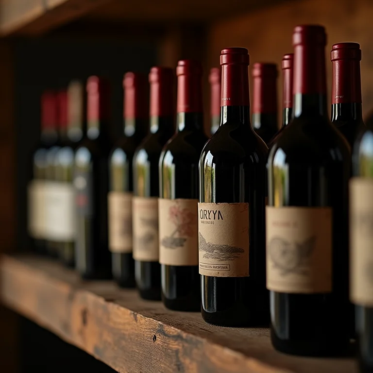 Garrafas de vinho tinto em uma prateleira rústica.