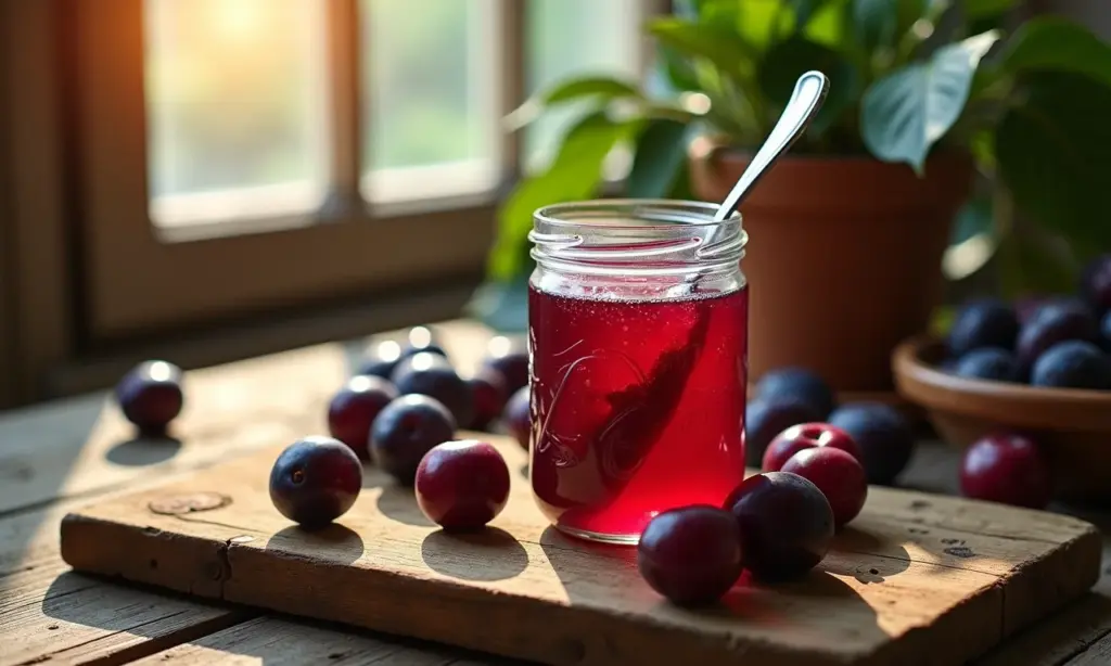 Geleia de ameixa caseira em pote de vidro sobre mesa rústica.