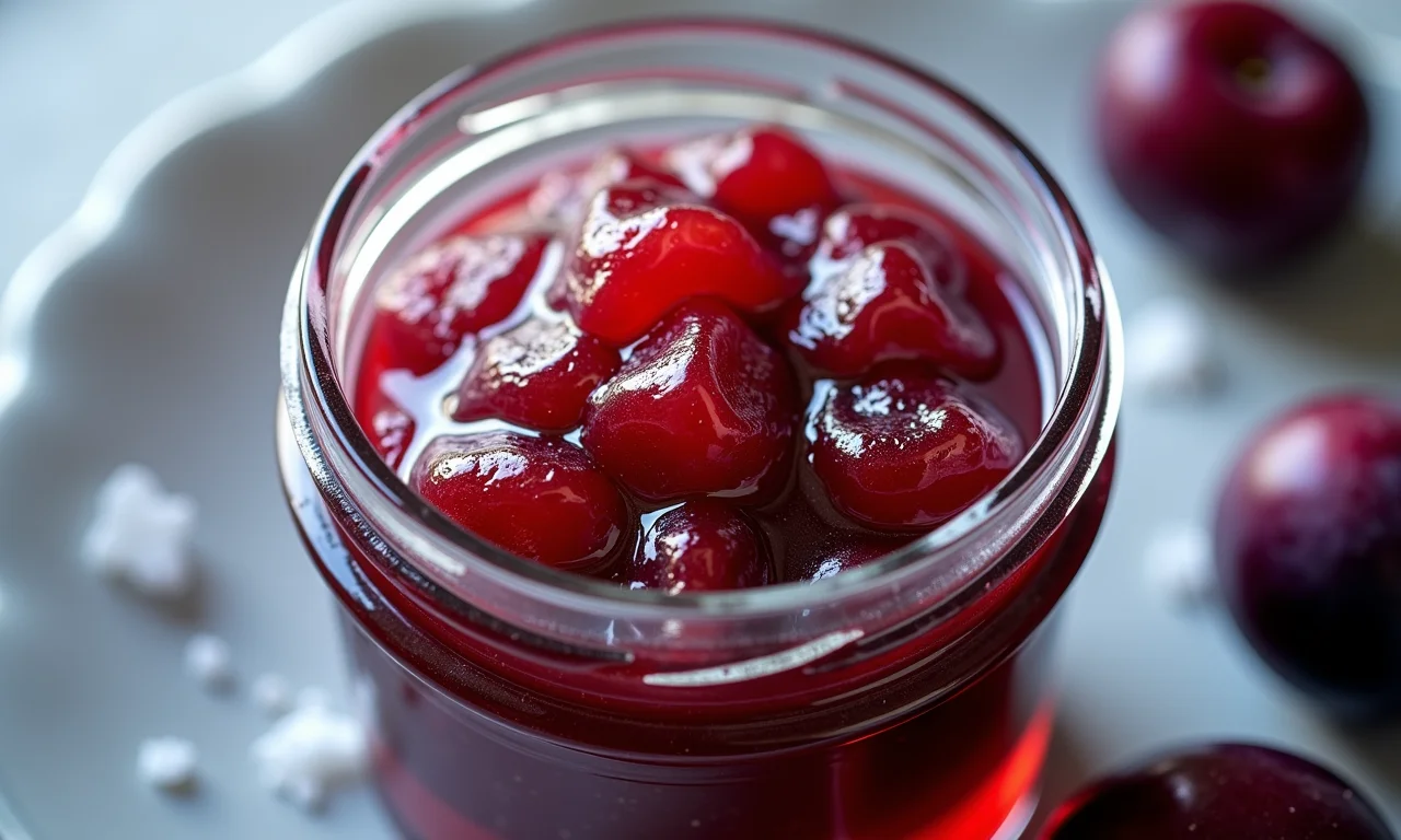 Geleia de ameixa congelada em recipiente de vidro.