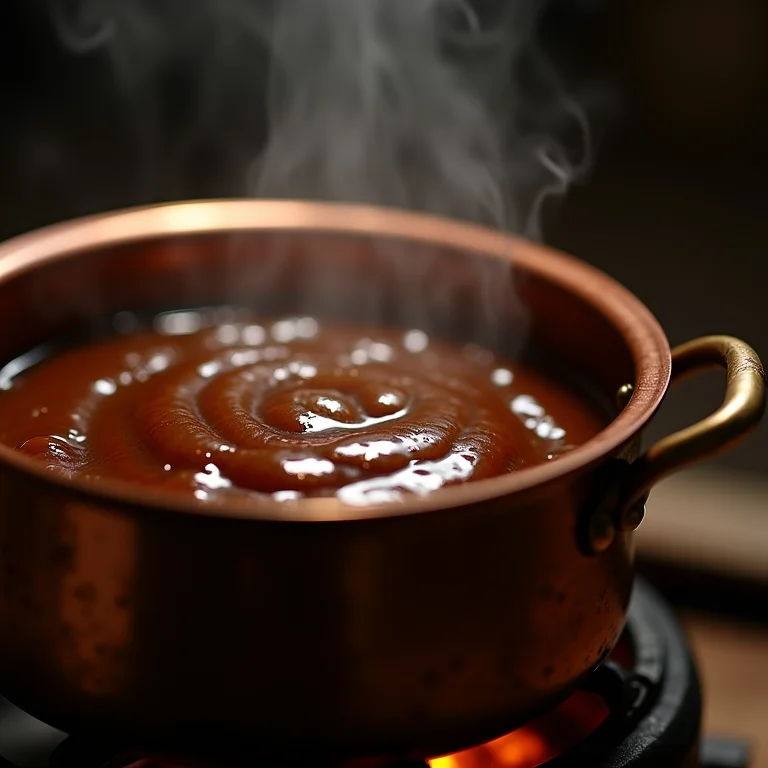 Geleia de café fervendo em panela de cobre no fogão a lenha.