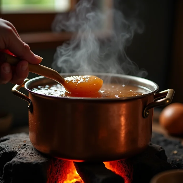 Geleia de café sendo preparada em fogão a lenha.