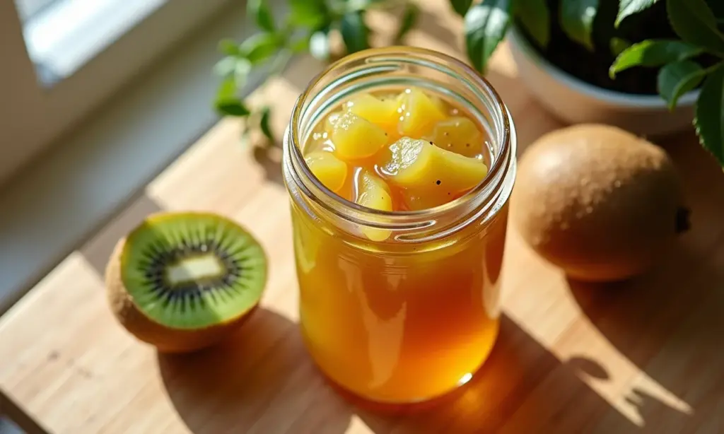 Geleia de kiwi caseira em pote de vidro sobre mesa de madeira com kiwis frescos.