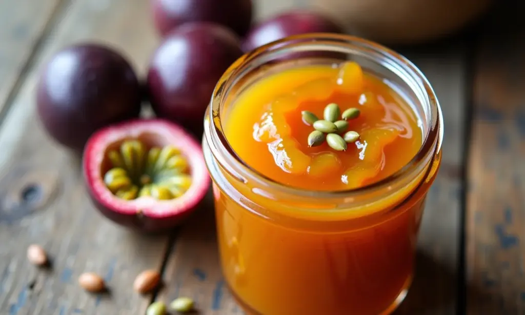 Geleia de maracujá com sementes em pote de vidro, textura crocante.