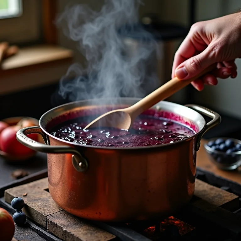 Geleia de mirtilo caseira sendo preparada.