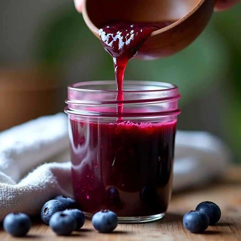 Geleia de mirtilo sendo colocada em um pote de vidro.
