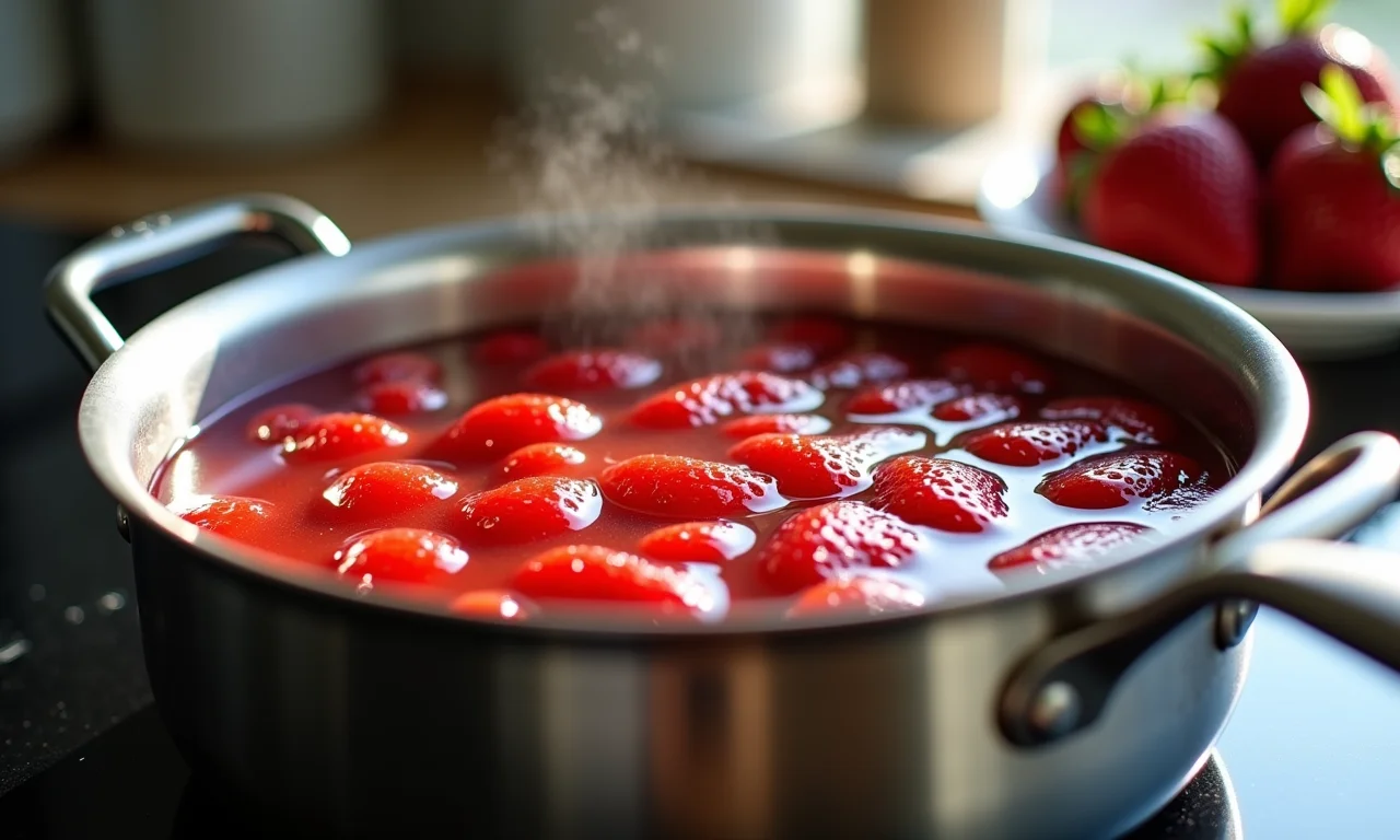 Geleia de morango borbulhando em panela de aço inoxidável.