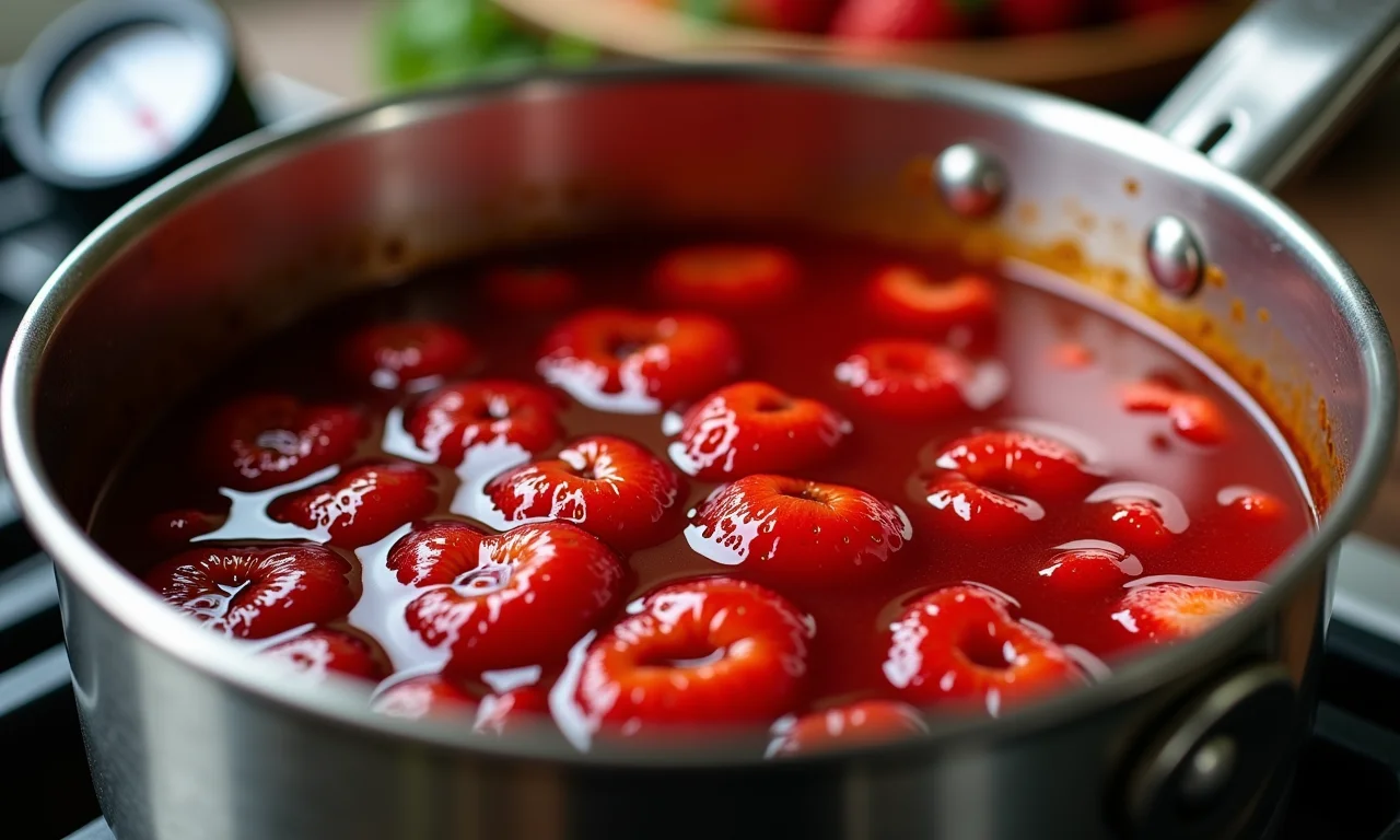 Geleia de morango caseira cozinhando em panela, com termômetro.