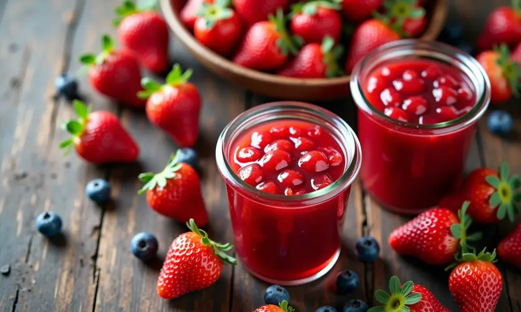 Geleia de morango caseira em potes de vidro sobre mesa de madeira rústica.
