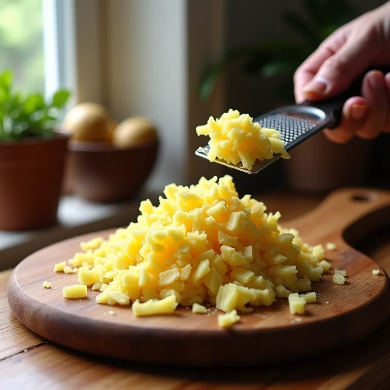 Gengibre ralado em uma tábua de madeira