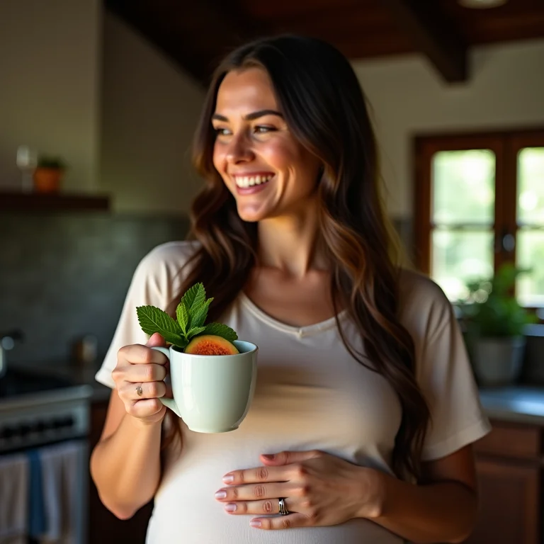 Gestante tomando chá de goiaba com hortelã