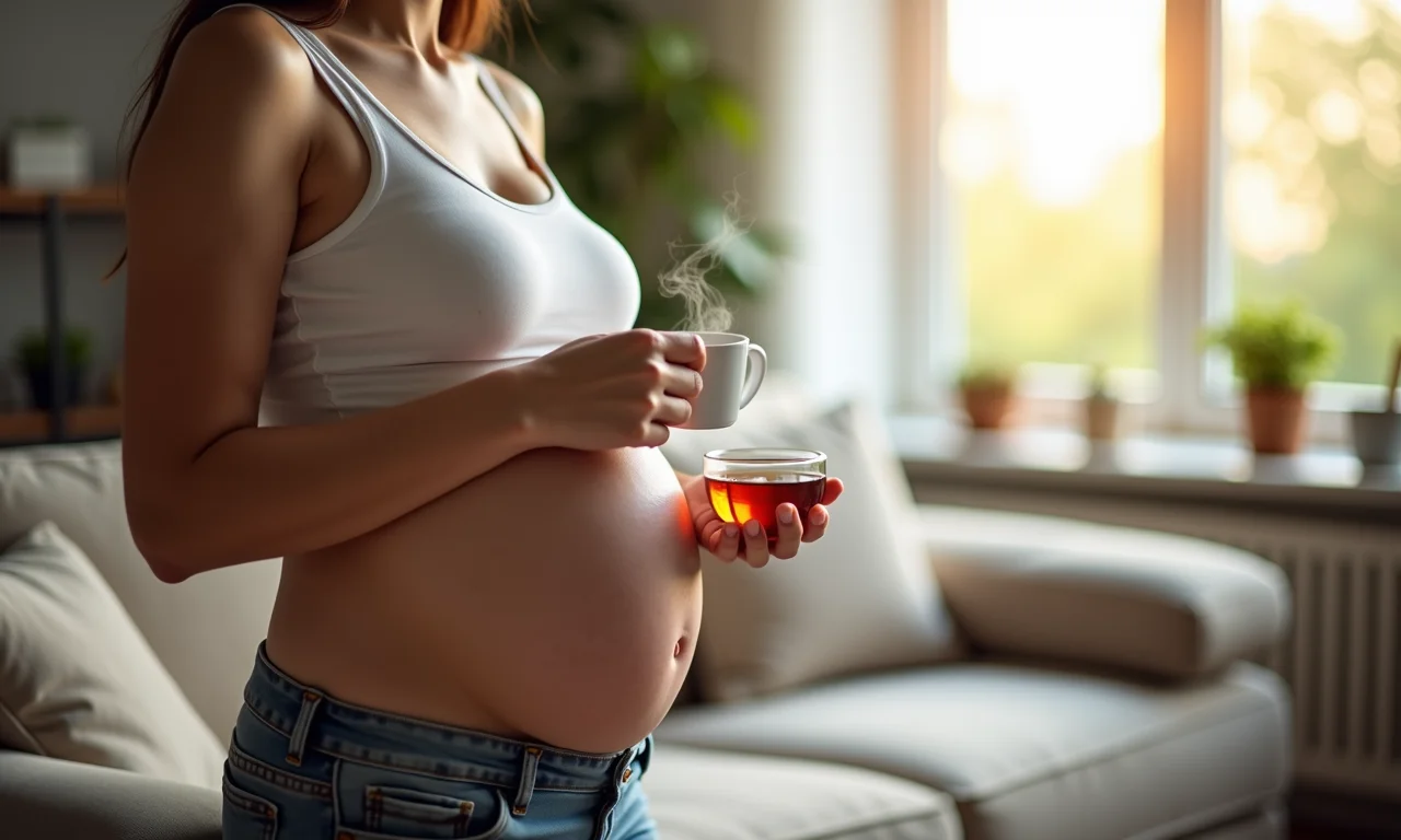 Gestante tomando chá de maçã com alecrim (consulte seu médico).