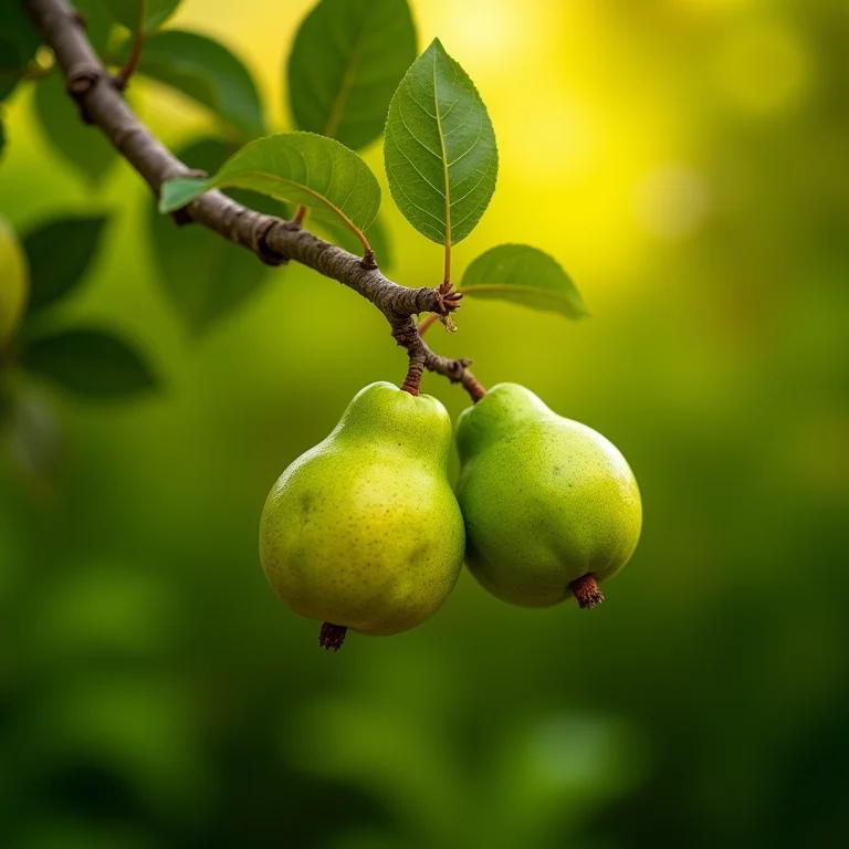 Goiabas maduras penduradas em um galho, prontas para a colheita.