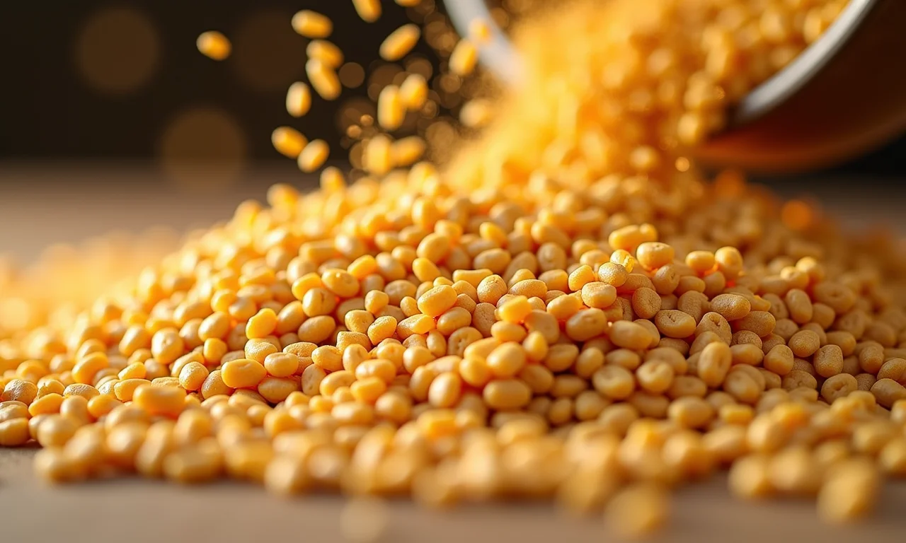 Grãos de painço de alta qualidade sendo adicionados à ração animal, destacando nutrição e economia.