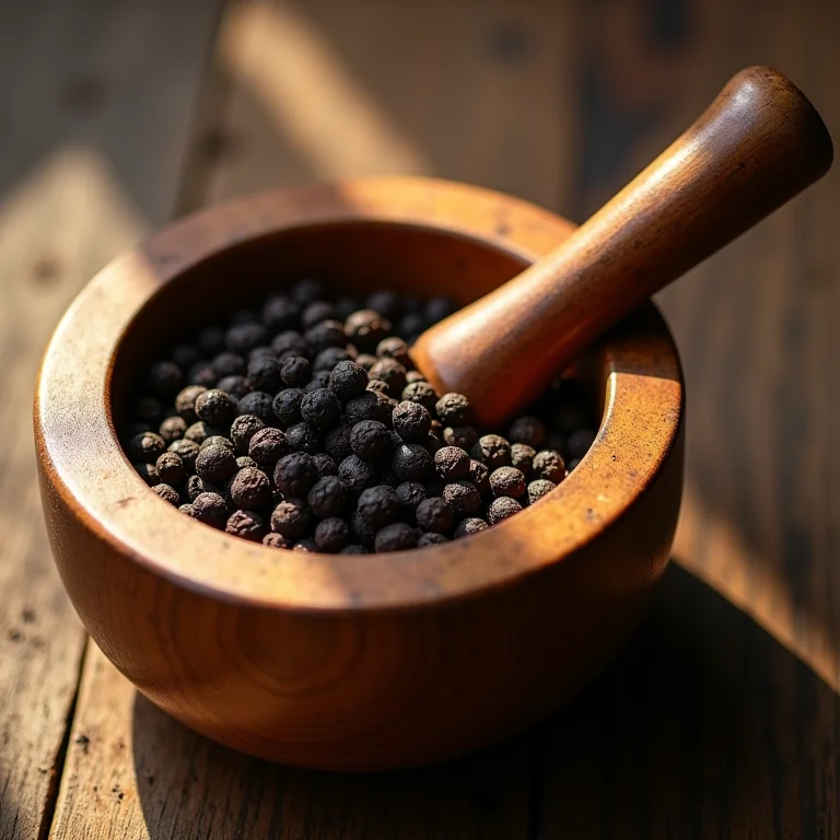 Grãos de pimenta-do-reino em um pilão