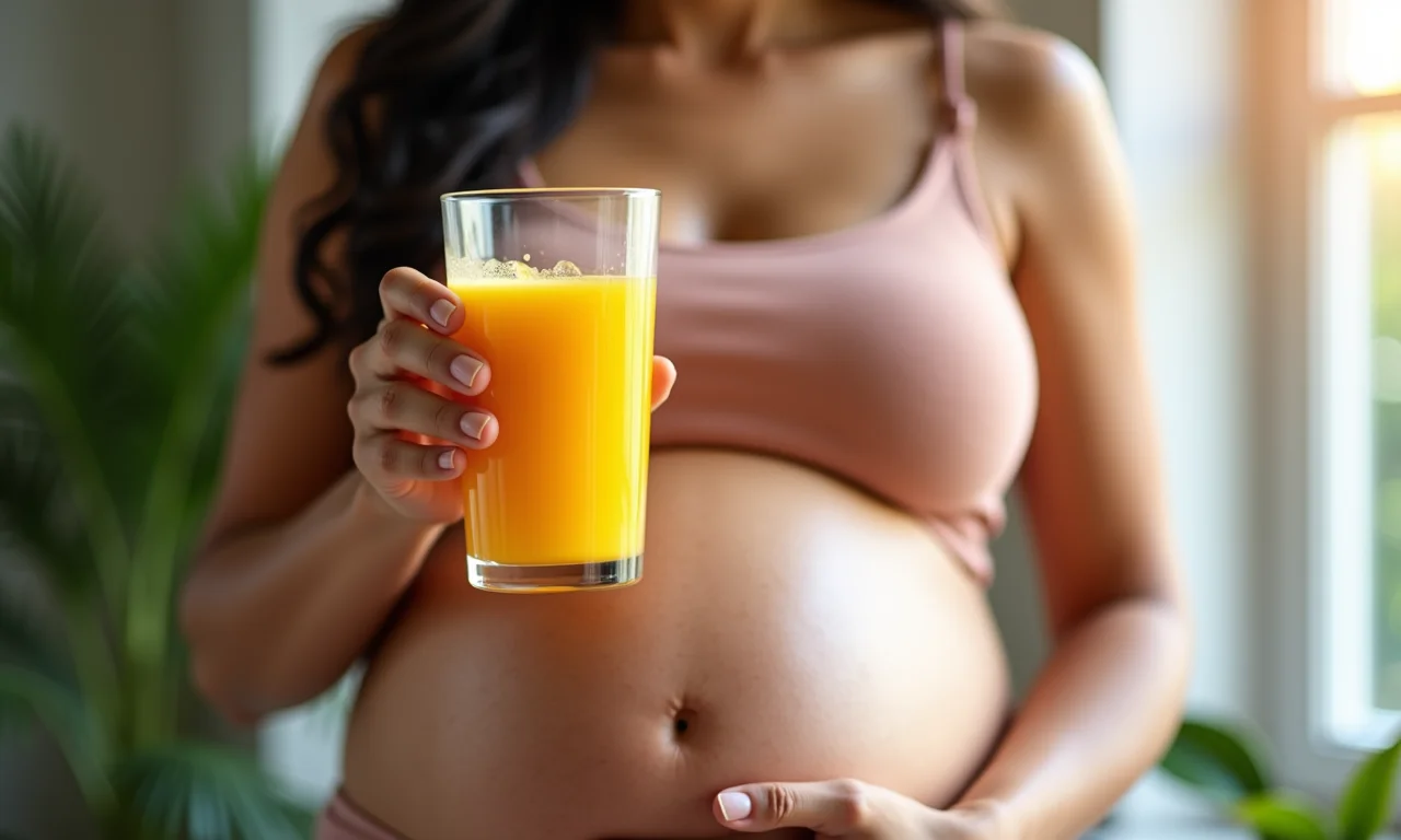Grávida apreciando um copo de suco de manga.