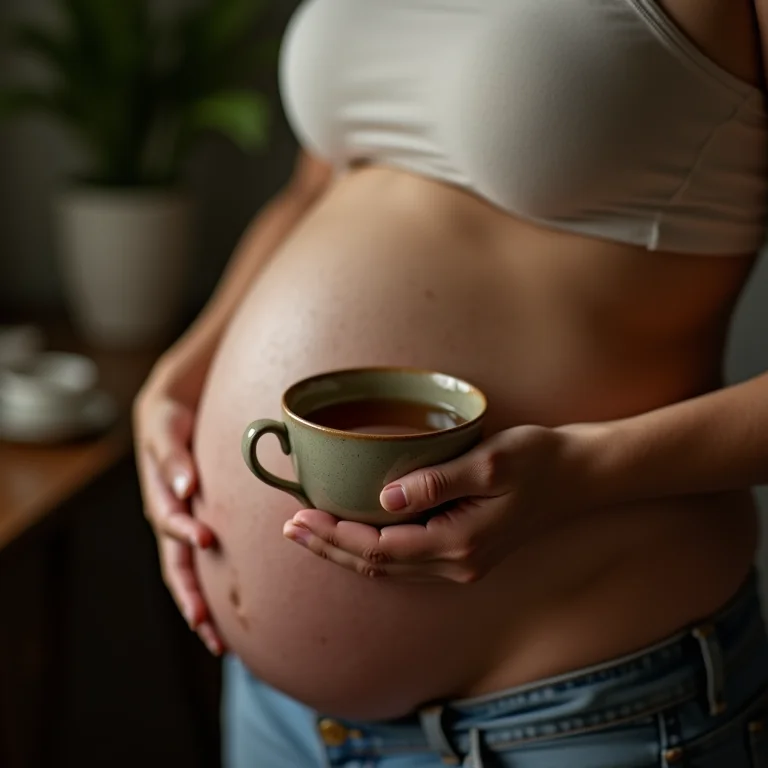 Grávida segurando a barriga e chá