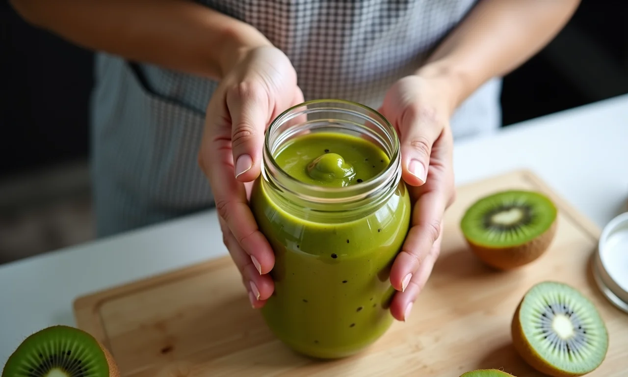 Guia prático: mãos preparando geleia de kiwi, instruções detalhadas.