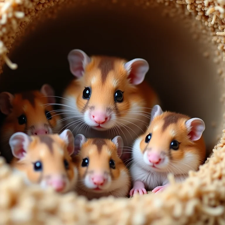 Hamster fêmea com filhotes no ninho