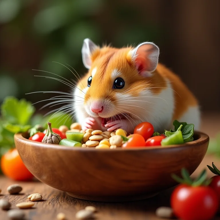 Hamster se alimentando com uma dieta balanceada de sementes, vegetais e frutas.