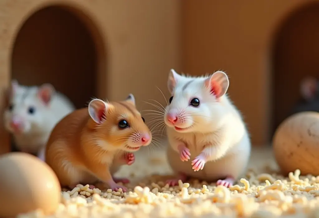 Hamsters em gaiola espaçosa e aconchegante