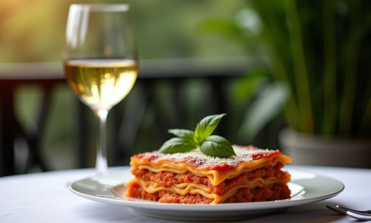 Harmonização perfeita: lasanha ao pesto e vinho branco.