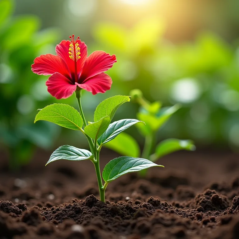 Hibiscos crescendo em solo argiloso.