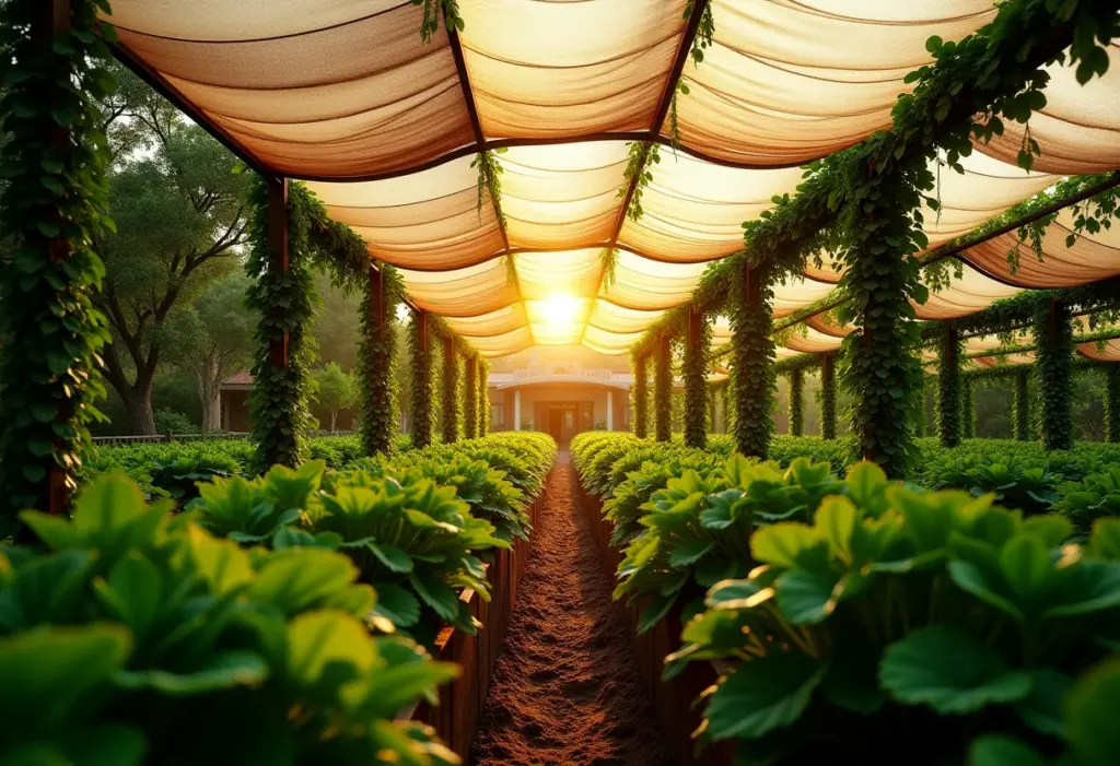 Horta com telas de sombreamento em diferentes porcentagens.