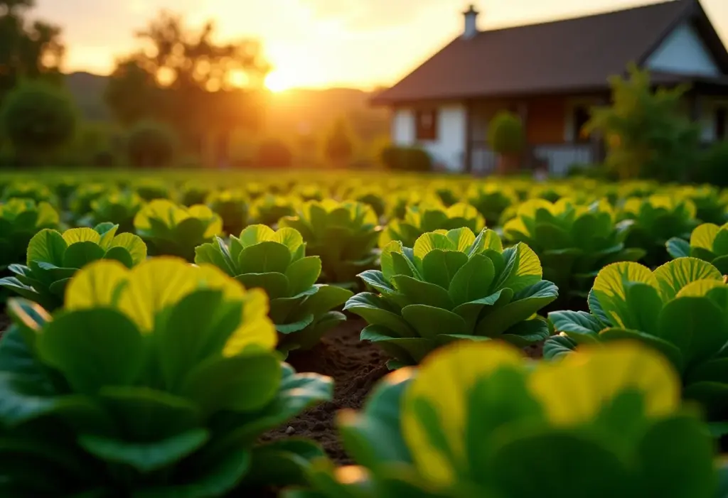 Horta exuberante com diversas hortaliças prontas para a poda, sob a luz dourada do sol.