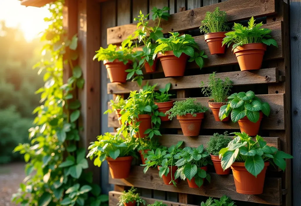 Horta vertical de palete exuberante sob a luz do sol