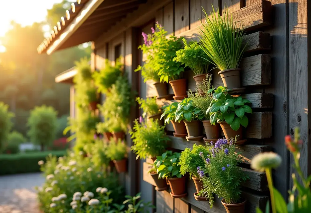 Horta vertical de palete exuberante sob a luz dourada do pôr do sol