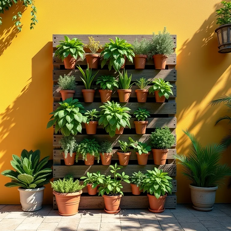 Horta vertical de palete posicionada em uma parede ensolarada.