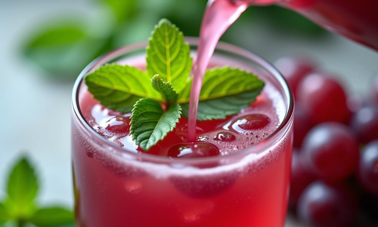 Hortelã sendo adicionada ao suco de uva para um frescor extra.