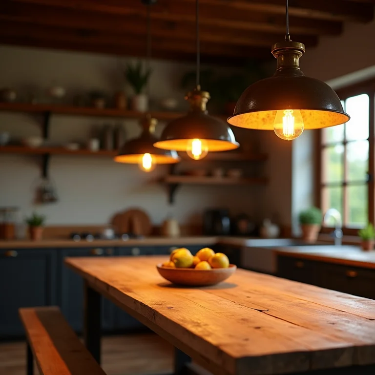 Iluminação aconchegante com pendentes sobre mesa de madeira rústica.